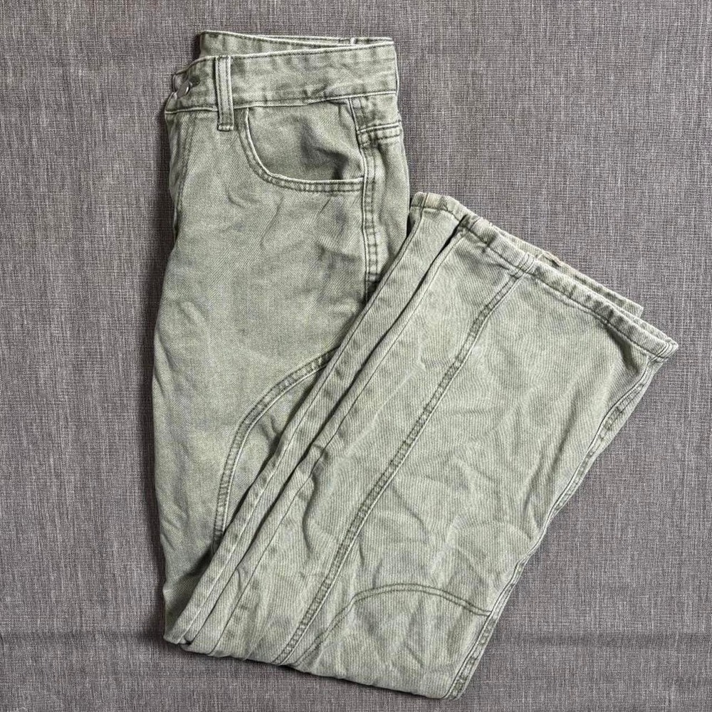 Light green macha wide leg jeans with cargo pockets - M
